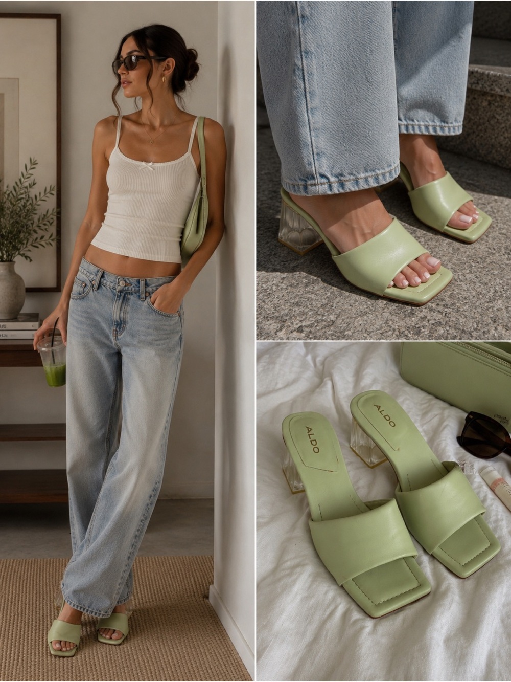 Aldo Mint Green Slide Mules with Clear Block Heel